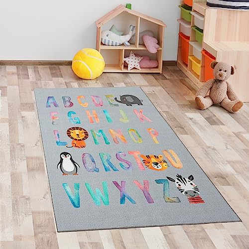 CARPETIA ABC-Lernteppich für Kinder • Bunte Tiermotive Spielspaß Löwe & Pinguin • grau, 80 x 150 cm von CARPETIA