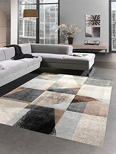 CARPETIA Abstrakter Teppich Flur Wohnzimmer modernes Karomuster in grau beige braun schwarz Größe 120x170 cm von CARPETIA