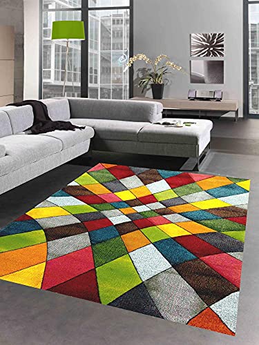 CARPETIA Abstrakter Teppich Wohnzimmer modernes buntes Rautenmuster Design orange gelb grün - pflegeleicht Größe 140x200 cm von CARPETIA