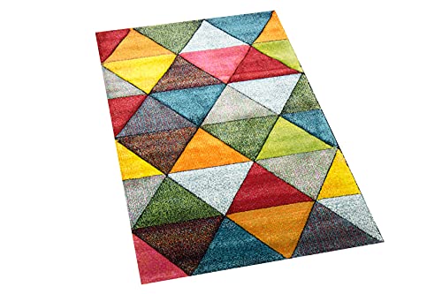 CARPETIA Abstrakter Wohnzimmer Teppich mit modernem bunten Dreiecksmuster Design orange grün rot - pflegeleicht Größe 60x110 cm von CARPETIA