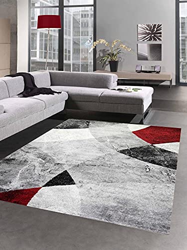 CARPETIA Abstrakter Wohnzimmer Teppich mit modernem marmorierten Wellen Rauten Design in grau rot - pflegeleicht Größe 240 x 340 cm von CARPETIA
