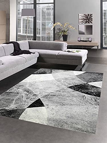 CARPETIA Abstrakter Wohnzimmer Teppich mit modernem marmorierten Wellen Rauten Design in grau schwarz - pflegeleicht Größe 160x220 cm von CARPETIA