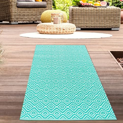 CARPETIA Außenteppich Outdoor-Teppich wetterfest wasserabweisend Campingmatte Picknickmatte Plastik Balkon Läufer Rautenmuster Petrol 90 x 150 cm von CARPETIA