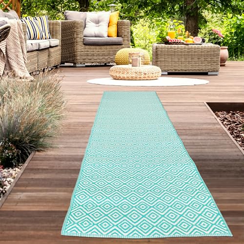 CARPETIA Außenteppich Outdoor-Teppich wetterfest wasserabweisend Campingmatte Picknickmatte Plastik Balkon Läufer lang Rautenmuster Petrol 90 x 300 cm von CARPETIA