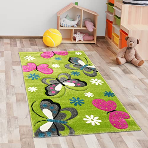 CARPETIA Bunt Kinderzimmer-Teppich mit Schmetterling-Design — strapazierfähig — grün, 80 x 150 cm von CARPETIA