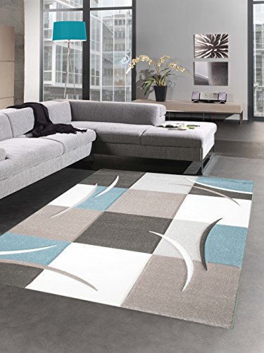Designer Teppich Karo Pastell blau Creme braun Taupe Größe 80 x 300 cm von CARPETIA