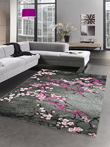 CARPETIA Designer Teppich Kurzflor Blumen grau pink rosa Größe 80 x 300 cm von CARPETIA