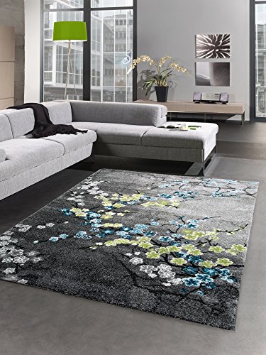 CARPETIA Designer Teppich Kurzflor Wohnzimmerteppich Blumen grau türkis blau Größe 120x170 cm von CARPETIA