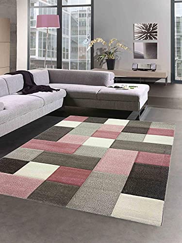 CARPETIA Designer Teppich Wohnzimmer mit Karo Muster in Creme Pink Grau Größe 140x200 cm von CARPETIA