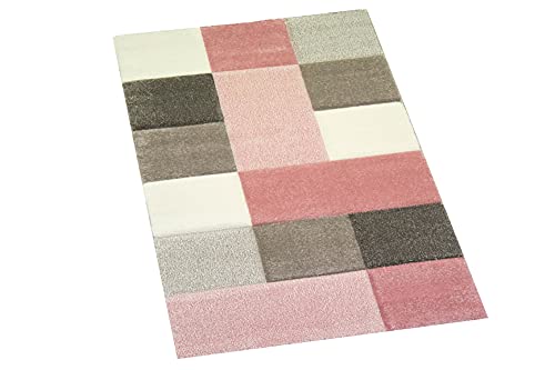 CARPETIA Designer Teppich Wohnzimmer mit Karo Muster in Creme Pink Grau Größe 80x150 cm von CARPETIA