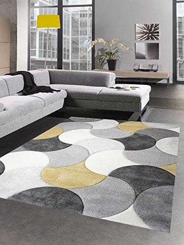 CARPETIA Designer Teppich Wohnzimmerteppich Kurzflor Tropfen senfgelb gelb grau Creme Größe 80 x 300 cm von CARPETIA