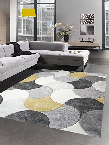CARPETIA Designer Teppich Wohnzimmerteppich Kurzflor Tropfen senfgelb gelb grau Creme Größe 80x150 cm von CARPETIA