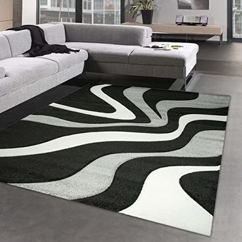 CARPETIA Designer Teppich mit Wellen & Konturenschnitt | pflegeleicht | schwarz weiß & grau, 120 x 170 cm von CARPETIA