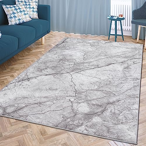 CARPETIA Eleganter marmorierter Kurzflor Wohnzimmer Teppich in stilvollem Grau, 120 x 170 cm von CARPETIA