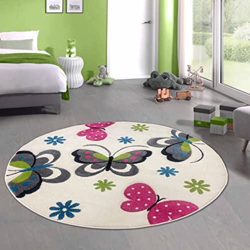 CARPETIA Farbenfroher Schmetterling-Teppich für Kinderzimmer ‒ Allergiker geeignet ‒ Creme, 120 cm rund von CARPETIA