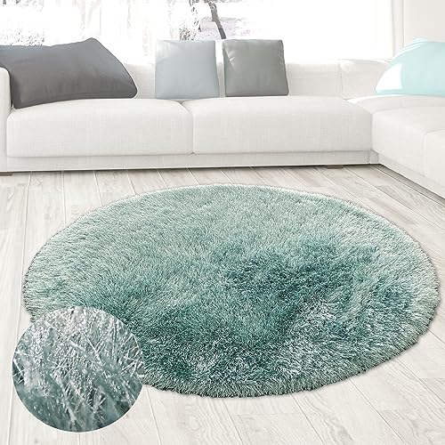 CARPETIA Flauschiger Teppich Hochflor Langflor Shaggy Wohnzimmer Schlafzimmer Gästezimmer hochwertig weich Uni Türkis 120 cm Rund von CARPETIA