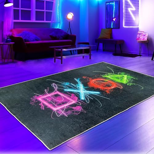 CARPETIA Gamer Teppich Gaming Zimmer Läufer lebendige Neon-Farben ikonische Symbole schwarzer Hintergrund 50x90 cm von CARPETIA