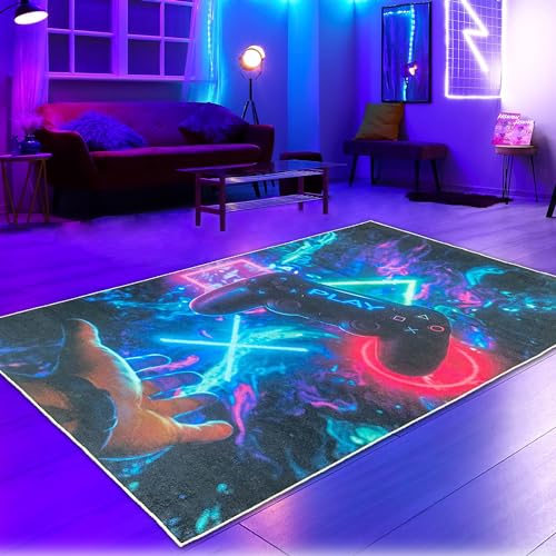 CARPETIA Gaming-Teppich Gamer Jungs Teenager lebendig-Bunte neon-farbige Symbole schwebender Controller 140 x200 cm von CARPETIA