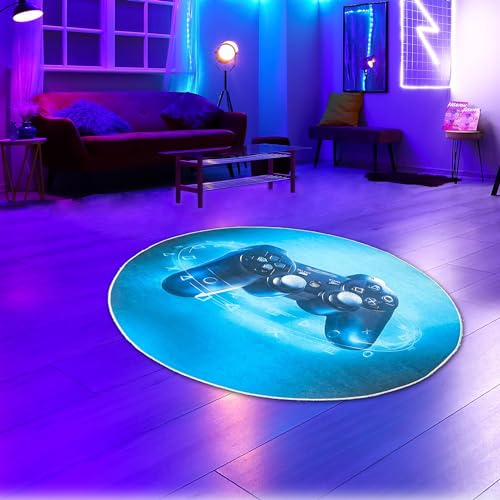 CARPETIA Gaming-Teppich Gamer Zimmer Teenager rund lebendige Neon-Farben ikonische Symbole schwarzer Hintergrund 120 cm rund von CARPETIA