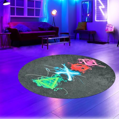 CARPETIA Gamingteppich farbecht leicht zu pflegen antirutsch langlebig leuchtende Neonfarbene Symbole in bunt, 120 cm Rund von CARPETIA