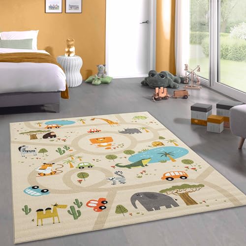 CARPETIA Großer Kinderzimmer Teppich Kinderteppich Spielteppich waschbar rutschfest Safari/Dschungel beige 240x340 cm von CARPETIA