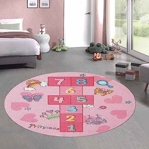 CARPETIA Hüpfkästchen Kinder-Spielteppich mit Herzen Krone & Prinzessinnen Burg in rosa, 160 cm rund von CARPETIA