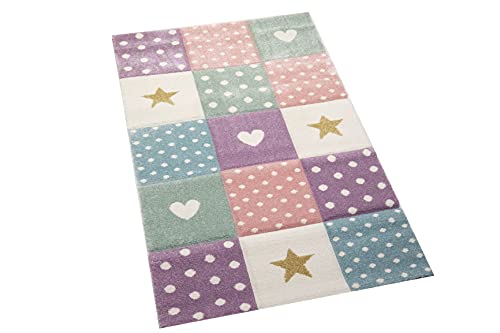 CARPETIA Kinderteppich Kinderzimmer Spiel Teppich Punkte Herz Stern Design Creme rosa blau Größe 80x150 cm von CARPETIA