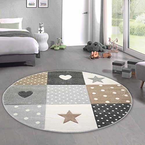 Kinderteppich Kinderzimmer Spiel Teppich Punkte Herz Stern Design braun beige grau Größe 120 cm Rund von CARPETIA