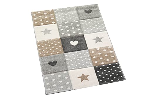 CARPETIA Kinderteppich Kinderzimmer Spiel Teppich Punkte Herz Stern Design braun beige grau Größe 80x150 cm von CARPETIA