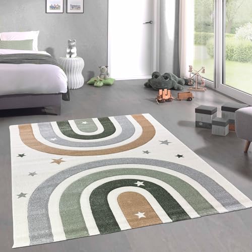 CARPETIA Kinderteppich Kinderzimmer Spielzimmer Schlafzimmer Kurzflor Pastellfarben weich pflegeleicht strapazierfähig Regenbogen Sterne qualitativ hochwertig Creme 200 x 290 cm von CARPETIA