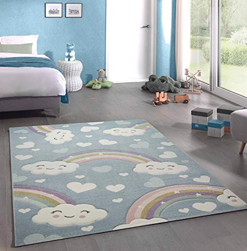 CARPETIA Kinderteppich Kinderzimmerteppich Babyteppich Regenbogen und Wolken blau Größe 140x200 cm von CARPETIA