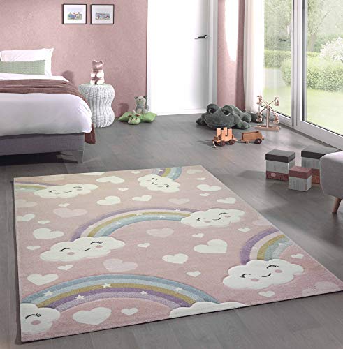 CARPETIA Kinderteppich Kinderzimmerteppich Babyteppich Regenbogen und Wolken rosa Größe 160x230 cm von CARPETIA