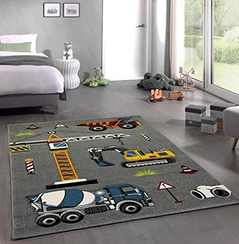 CARPETIA Kinderteppich Kinderzimmerteppich Baustelle Bagger grau gelb rot orange Größe 160x230 cm von CARPETIA