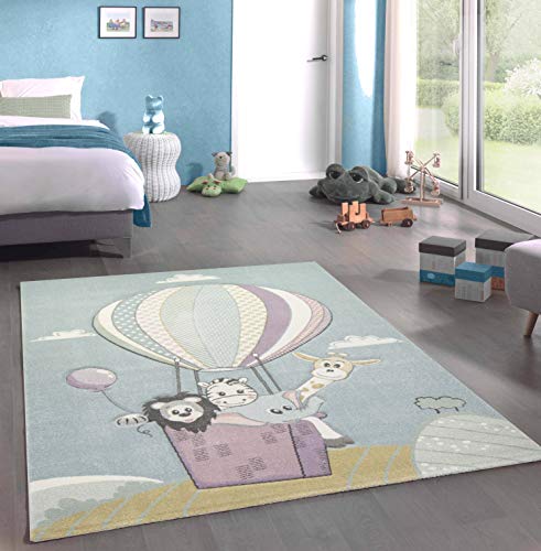 CARPETIA Kinderteppich Spielteppich Babyteppich Jungen Heißluftballon Tiere blau Größe 80x150 cm von CARPETIA