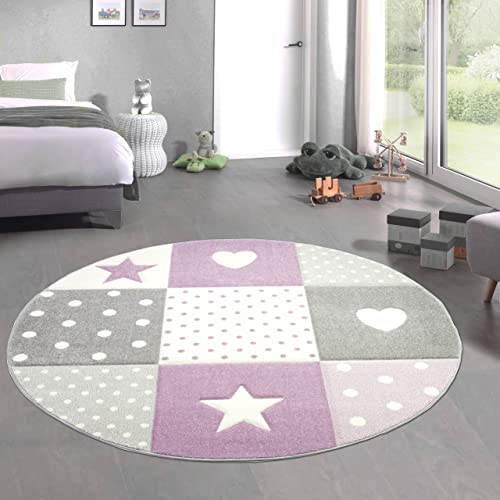 CARPETIA Kinderteppich Spielteppich Babyteppich Mädchen mit Herz Stern lila Creme grau Größe 120 cm Rund CARPETIA Kinderteppich Spielteppich Babyteppich Mädchen mit Herz Stern lila Creme grau Größe 120 cm Rund von CARPETIA