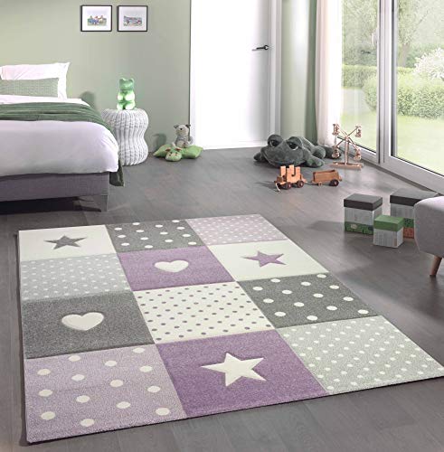 CARPETIA Kinderteppich Spielteppich Babyteppich Mädchen mit Herz Stern lila Creme grau Größe 160x230 cm von CARPETIA