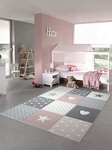 CARPETIA Kinderteppich Spielteppich Babyteppich Mädchen mit Herz Stern rosa Creme grau (120x170 cm) von CARPETIA