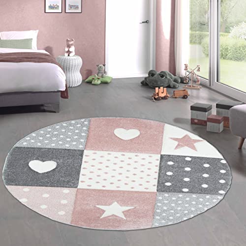 CARPETIA Kinderteppich Spielteppich Babyteppich Mädchen mit Herz Stern rosa Creme grau Größe 160 cm Rund von CARPETIA