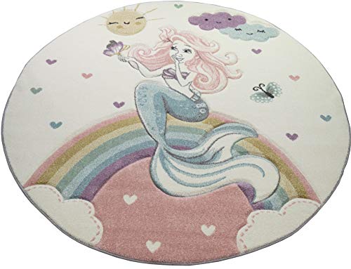 CARPETIA Kinderteppich Spielteppich Babyteppich Meerjungfrau Prinzessin Pastell rosa Größe 160 cm Rund von CARPETIA