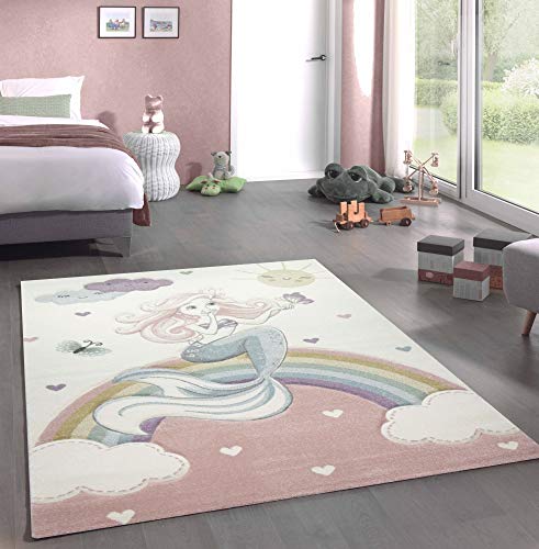 CARPETIA Kinderteppich Spielteppich Babyteppich Meerjungfrau Prinzessin Pastell rosa Größe 160x230 cm von CARPETIA