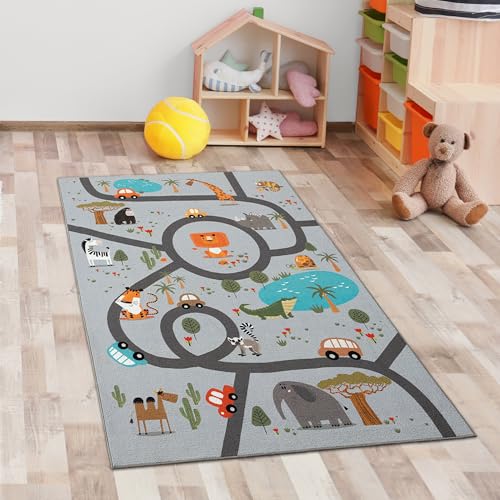 CARPETIA Kinderteppich Teppich Kinderzimmer Spielteppich Läufer rutschfest waschbar pflegeleicht Safari Straße grau 80 x 150 cm von CARPETIA