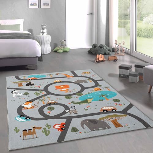 CARPETIA Kinderteppich Teppich Kinderzimmer Spielteppich rutschfest waschbar pflegeleicht Safari Straße grau 120 x 160 cm von CARPETIA