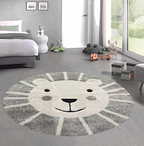 CARPETIA Kinderzimmer Teppich Baby Spielteppich 3D Optik High Low Effekt Löwe Creme grau weiß, 120 cm rund von CARPETIA