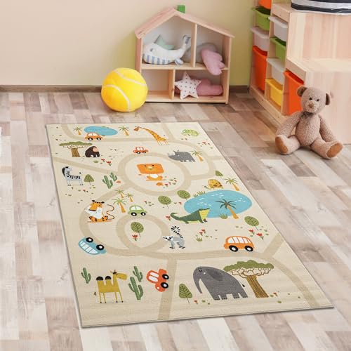 CARPETIA Kinderzimmer Teppich Kinderteppich Spielteppich Läufer waschbar rutschfest Safari/Dschungel beige 80x150 cm von CARPETIA