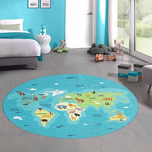 CARPETIA Kreisförmiger Lernteppich für Kinder „Tiere & Kontinente spielend Lernen“ Weltkarte türkis-blau, 200 cm rund von CARPETIA
