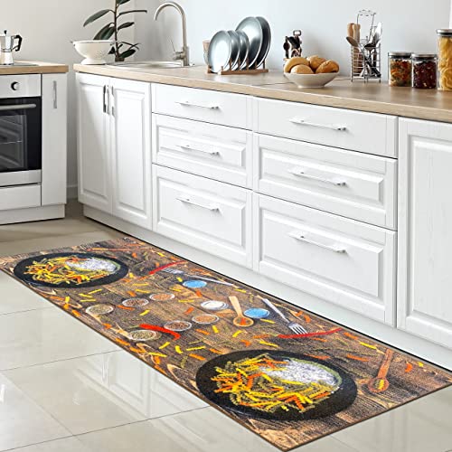 CARPETIA Teppichläufer Küche Chili Bunte Nudeln Gewürze Geschirr Besteck waschbar rutschfest beige braun 80 x 200 cm von CARPETIA