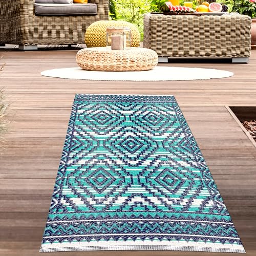 CARPETIA Kunststoff Outdoor Teppich wetterfest leicht modern Balkonteppich Garten Terrasse Azteken Muster türkis-blau Läufer kurz 90 x 150 cm von CARPETIA