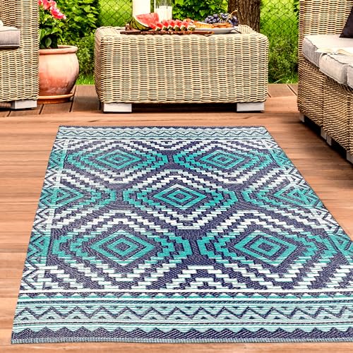 CARPETIA Kunststoff Outdoor Teppich wetterfest leicht modern Gartenteppich Terrassenteppich Balkon Azteken Muster türkis-blau 120 x 170 cm von CARPETIA