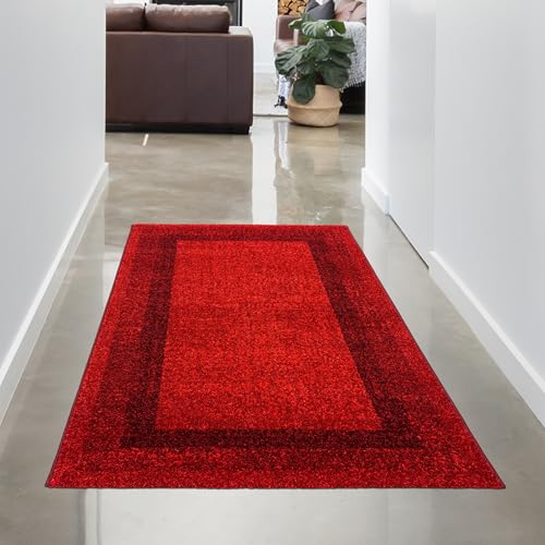 CARPETIA Kurzflor Teppich Flur Küche Läufer modern strukturiert pflegeleicht mit Bordürenoptik allergikerfreundlich flach gewebt Oeko-TEX Zertifiziert weich robust Rot 80 x 150 cm von CARPETIA