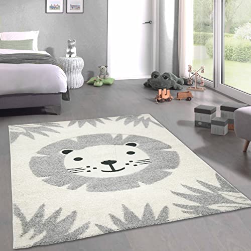 CARPETIA Lächelnder Katzenkopf Kinderzimmer Teppich weiche Baby Spielmatte Hoch Tief Effekt Weiss grau Creme Größe 200 x 290 cm von CARPETIA